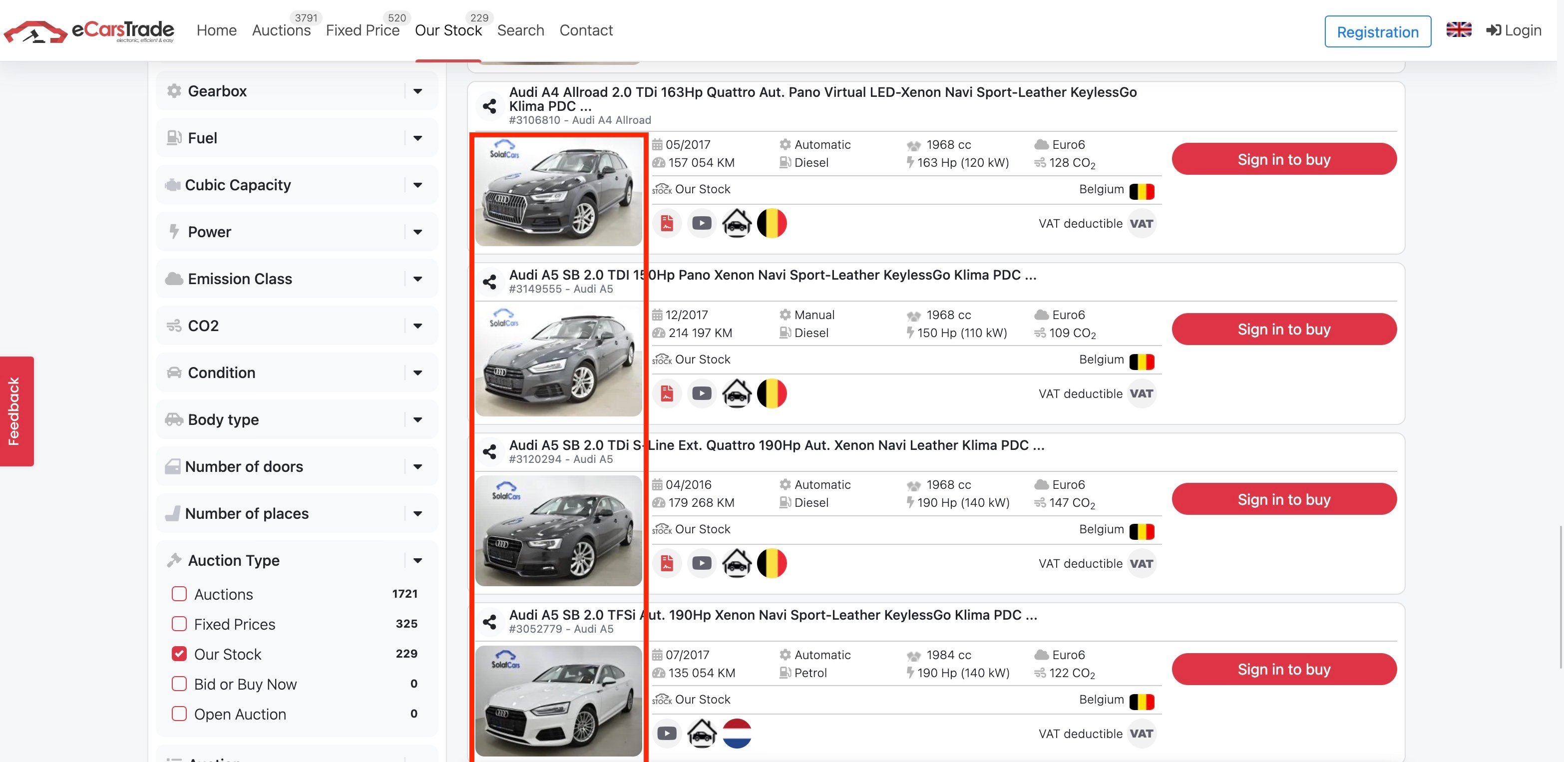 eCarsTrade Screenshot von der Website mit Fotos von Autos